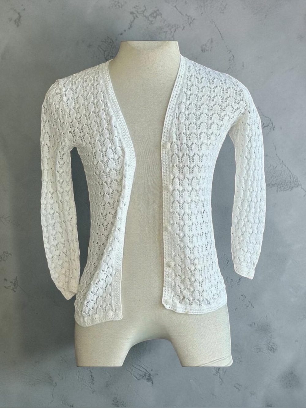 Vintage 70s White Lace Knit Cardigan Sweater